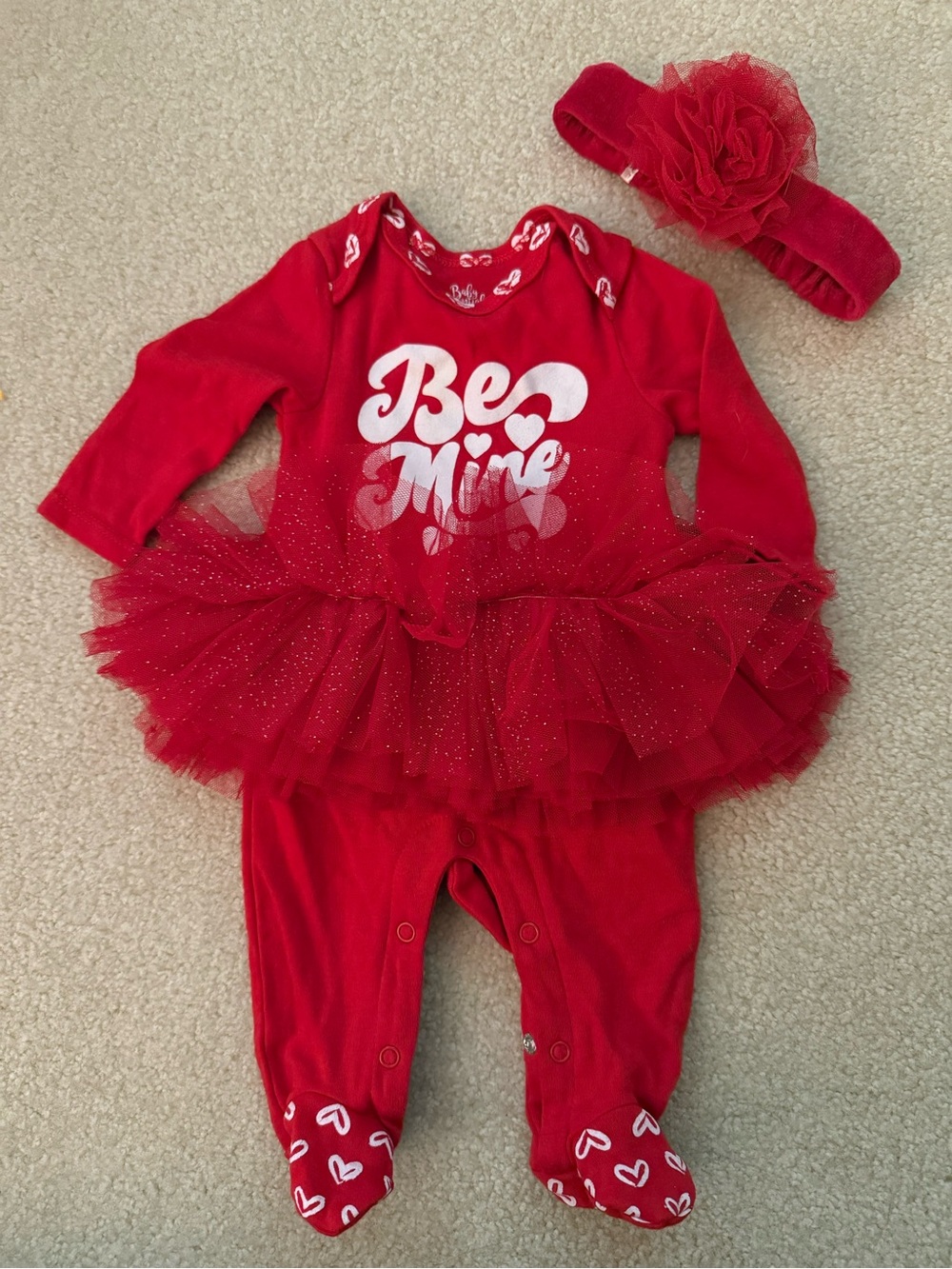 Baby Valentine Red 'Be Mine' Tutu Footed Romper with Headband